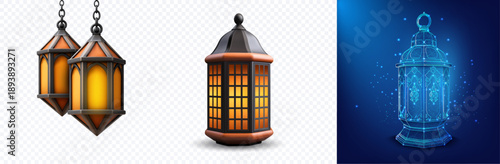 Collection of 3D Arabic Ramadan lanterns: warm glowing hanging fanous and standing lamp, plus futuristic blue hologram wireframe lantern on blue background, isolated set