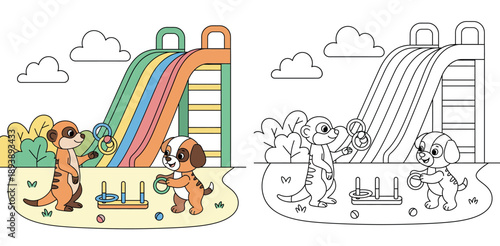 Cute cartoon meerkat and puppy playing ring toss game near a colorful slide vector illustration; happy animals having fun at the playground.