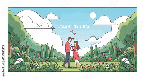 Valentine's Day couple exchanging gift in sunlit floral meadow illustration