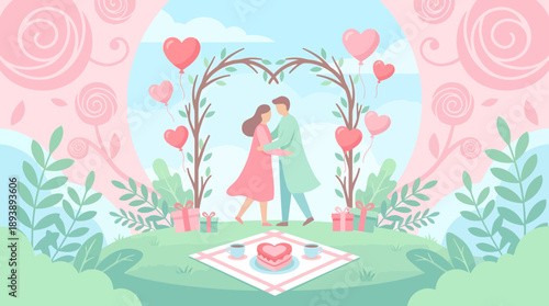 Romantic couple picnic under heart arch pastel garden illustration
