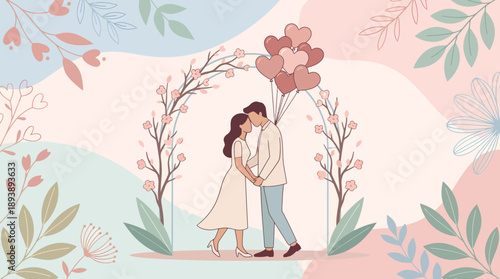 Affectionate Couple Under Floral Arch with Heart Balloons, Pastel Illustration
