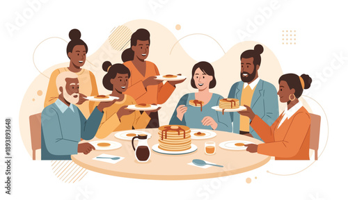 Family serving pancakes and enjoying breakfast together around a table Shrove Monday