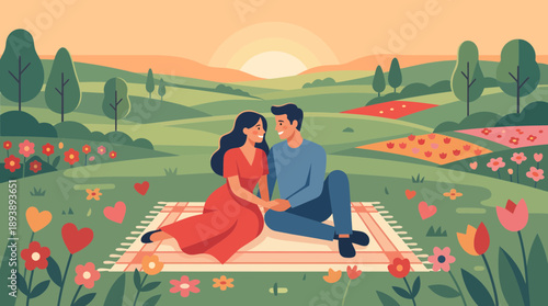 Romantic couple picnic on blanket at sunset in flower-filled meadow
