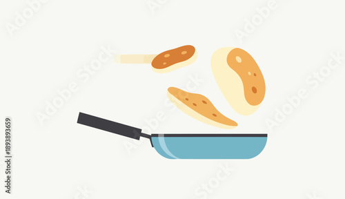 Flipping pancakes in frying pan for breakfast cooking process vector illustration design Shrove Monday