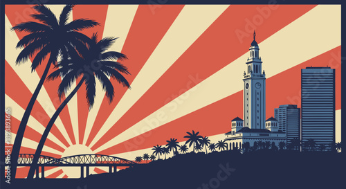 Dynamic tropical city skyline vector illustration in a retro graphic style, featuring palm trees, a landmark building, and a striking sunburst background for travel artwork