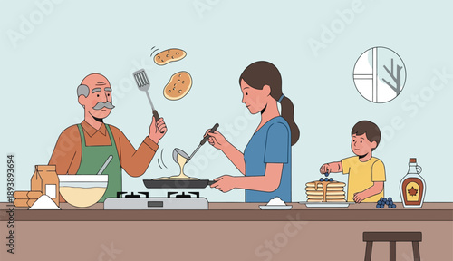Grandfather and daughter making pancakes with grandson decorating plate of food Shrove Monday