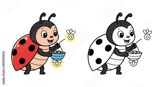 Cute cartoon ladybug holding a basket of fireflies vector illustration; happy red insect character using glowing bugs as a lantern.