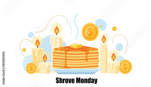 Stack of pancakes with syrup and butter decorated with candles and coins for Shrove Monday