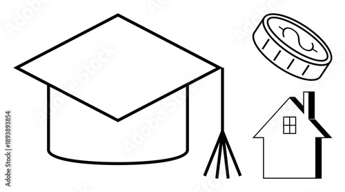 Education, student loans, savings, housing, investments, financial planning. Black-and-white image of a graduation cap, coin and house. Education and financial planning concepts