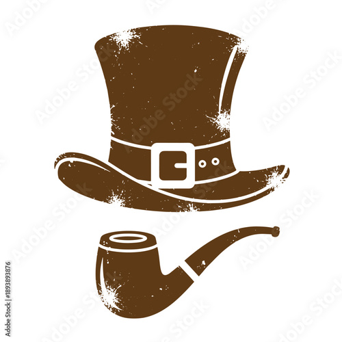 Vintage Grunge texture Brown top hat and smoking pipe on white background