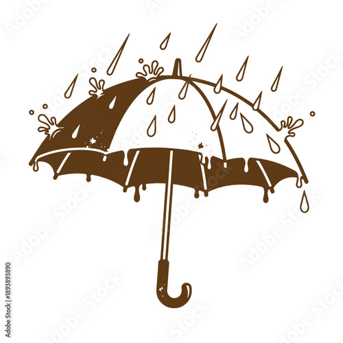 Vintage Grunge texture Brown umbrella with rain drops and splashes on a white background