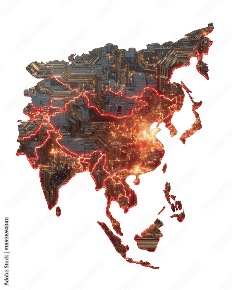 Obraz premium Abstract representation of Asia with circuit board and glowing elements