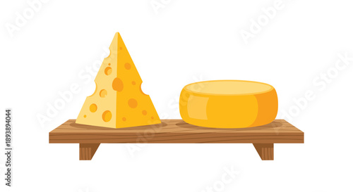 Assorted Gourmet Cheese Wedge and Wheel Placed on Wooden Board Platter Vector Food Illustration