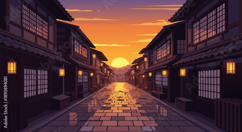 Vector illustration Traditional Japanese street at sunset, classic wooden buildings, glowing lanterns, wet road reflection