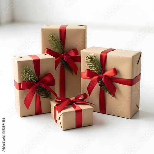 Wallpaper Mural Festive Holiday Gifts Wrapped in Brown Paper with Red Ribbons. Torontodigital.ca