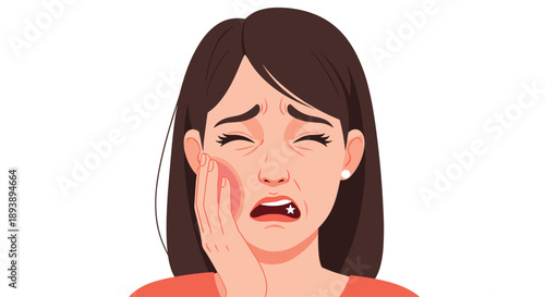Close-up Illustration of Woman in Pain Holding Her Inflamed Jaw Suffering from Severe Toothache