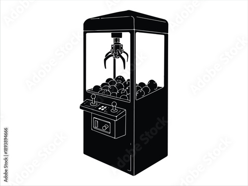 Black and white claw machine illustration with prizes inside