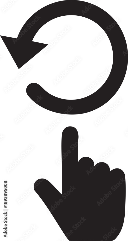 Obraz premium Black circular arrow above pointing hand cursor on white background refresh symbol