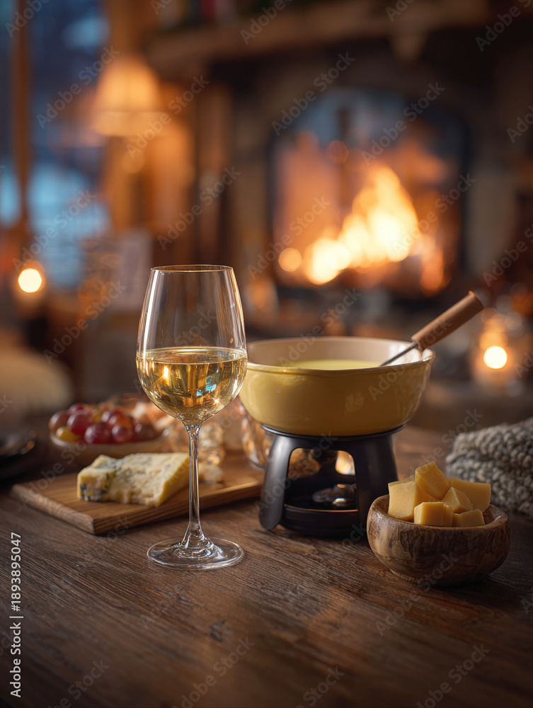 Fototapeta premium Cozy Winter Evening with Traditional Cheese Fondue Set, Glass of White Wine, Gourmet Appetizers, and Bread Cubes on Rustic Wooden Table in Front of a Warm Blazing Fireplace in a Cabin Interior