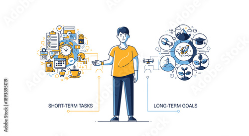 Vector illustration of a man balancing short-term tasks and long-term goals