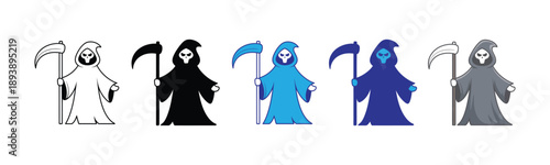 Vector illustration icon collection of colorful grim reaper characters in different colors and styles