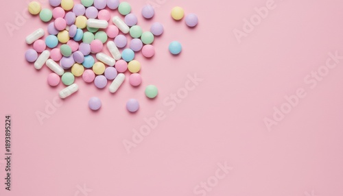 Pills and Candy: A vibrant assortment of colorful pills and candies are artfully scattered against a gentle pink backdrop, presenting a visually appealing composition. 