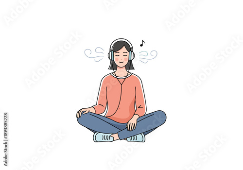 Young woman in casual clothing sitting cross legged wearing headphones listening to music and relaxing with eyes closed on a white background