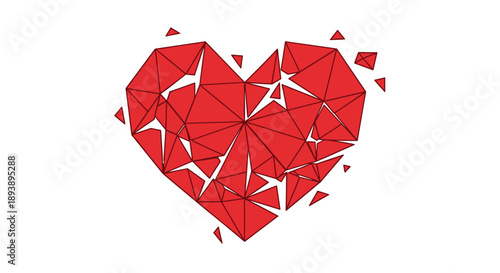 Shattered Red Polygonal Heart Breaking into Geometric Pieces Heartbreak and Sadness Concept Illustration