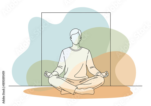 Male figure seated in lotus pose focusing inward for mental clarity and relaxation with soft organic shapes in background representing calm abstract