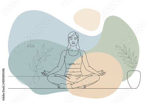 Woman Meditating Calmly In Lotus Pose With Eyes Closed Surrounded By Abstract Muted Shapes Indoors Peaceful Mindfulness Exercise