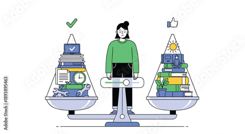 Vector illustration of person balancing work and leisure on scales