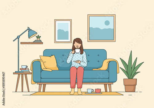 Woman Enjoying Warm Beverage Relaxing on Sofa Indoors Living Room Scene Cozy Home Atmosphere
