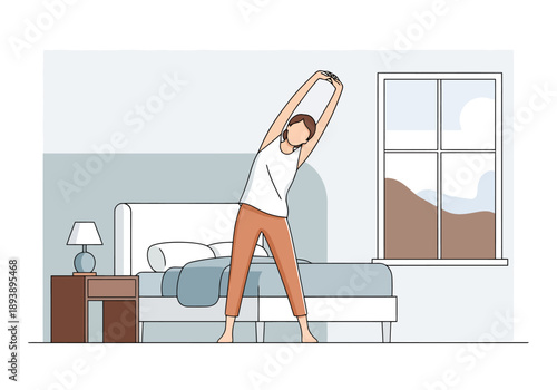 Young woman stretching body performing morning exercise routine in bedroom near bed and window for healthy lifestyle and wellness
