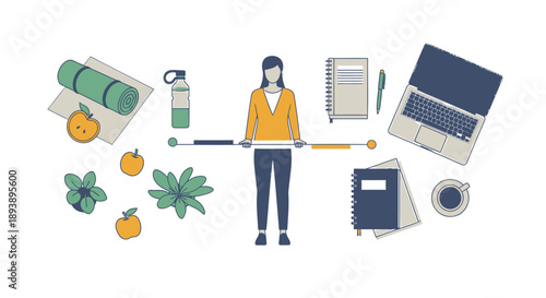 Balanced lifestyle concept with person surrounded by healthy food, exercise, and work items