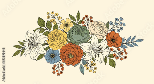 Floral Arrangement, Colorful Blossoms, Botanical Garden, Illustration, Minimalist Design, Top View, Nature's Beauty