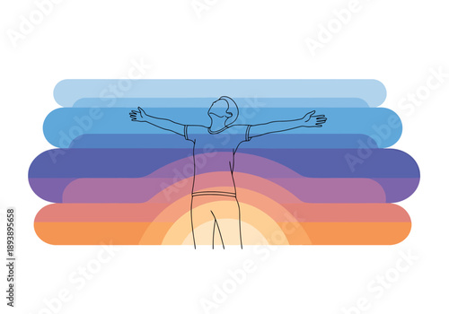 Figure With Arms Outstretched Embracing Layers of Horizon Colors Representing Sunrise or Sunset Development Growth and Freedom