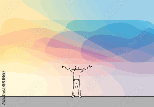 Outline person with outstretched arms against a colorful abstract background representing freedom and imagination in a bright open space