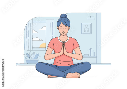 Woman meditating in lotus pose at home near window sunrise healthy lifestyle and wellness