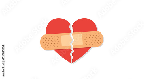Cracked Red Heart with Large Adhesive Bandage Healing Process and Emotional Recovery Vector Art