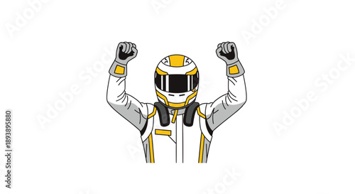 Racing Driver in White Racing Suit Raising Fists in Victory Celebration Professional Motorsport Illustration