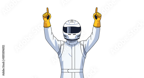 Race Car Driver in Professional Gear Pointing Upwards in Celebration Victory and Success Graphic