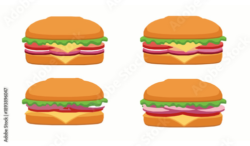 Cartoon Style Sandwich Collection Vector Featuring Four Fresh Food Items Isolated on White