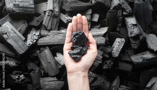 Hand holding charcoal pieces against a charcoal pile background