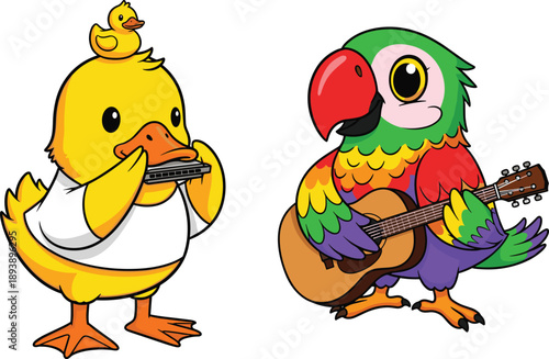 Duck and parrot playing music vector, cartoon animal band illustration, harmonica and guitar clipart, cheerful character artwork