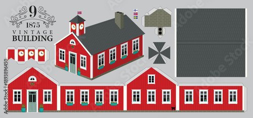 A wooden Scandinavian house in a classic red style. Vector mockup for paper. Cute vintage Christmas toy house.