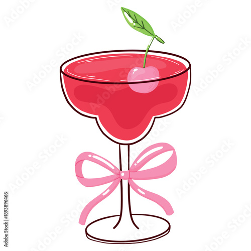 Cute Romantic Cocktail with Cherry and Pink Bow Vector