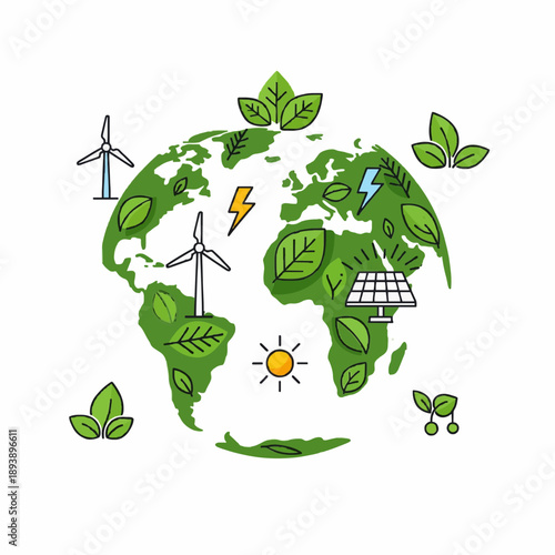 Global sustainable energy concept illustration depicting a green Earth, powered by clean renewable sources such as wind power and solar energy, highlighting ecological balance and innovation