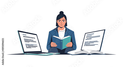 Businesswoman multitasking with laptops and book