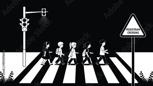 Pedestrian crossing safety vector illustration, children at night crosswalk scene, traffic light and signage artwork, road safety design