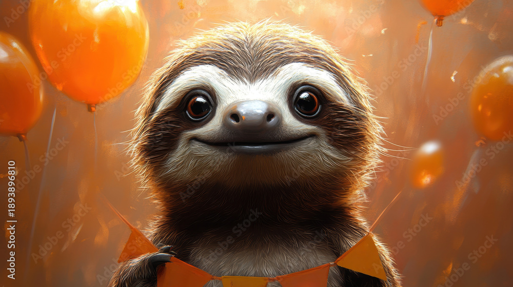 Obraz premium Cute Sloth with Balloons and Festive Decor